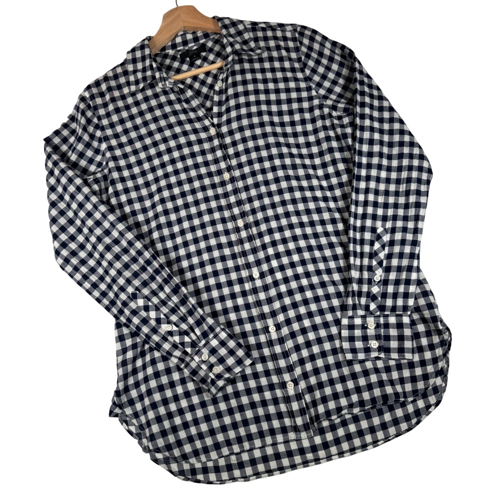 J.Crew Womens 4 Navy Blue White Gingham Stretch Boy Shirt Button Down C6086